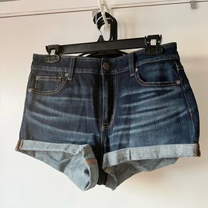 ae dark wash hi-rise shortie jean shorts